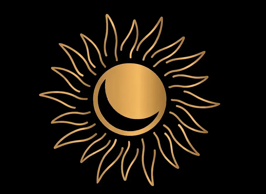 Logo doré représentatif d'un soleil stylisé sur un fond noir.